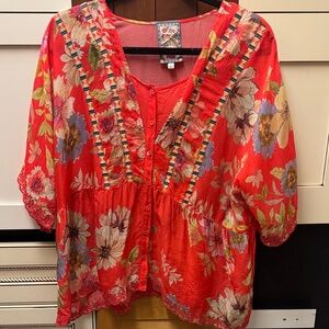 Johnny Was Coral Floral Embroidered Button-Front Tunic